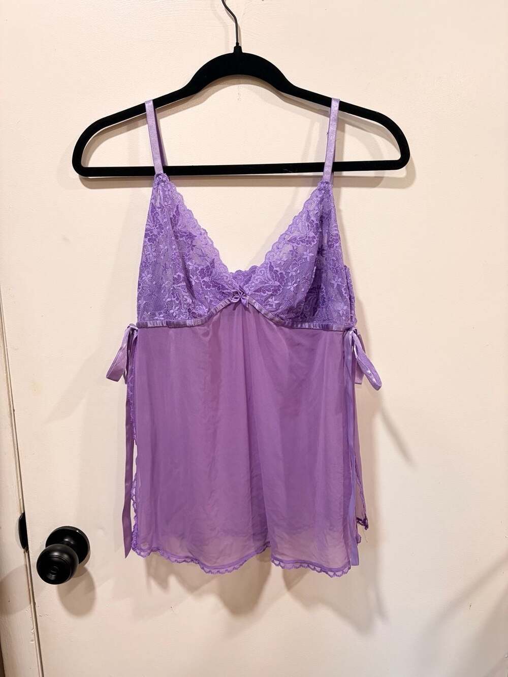 Fredericks of Hollywood Lingerie Babydoll Tank Purple Sheer Ribbon Trim